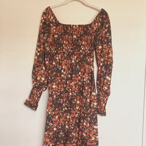 Smocked Floral Square Neck Long Sleeve Dress